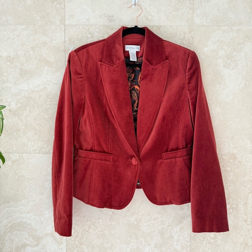 Worthington Rust Red Velvet Blazer Single Button Flap Pockets Size 10 EUC